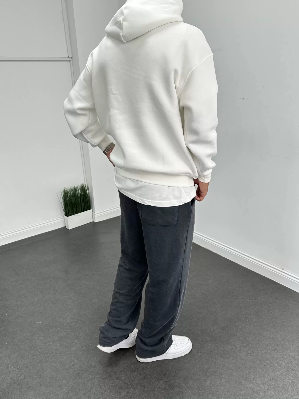 Beyaz Oversize Basic Kapişonlu Sweat