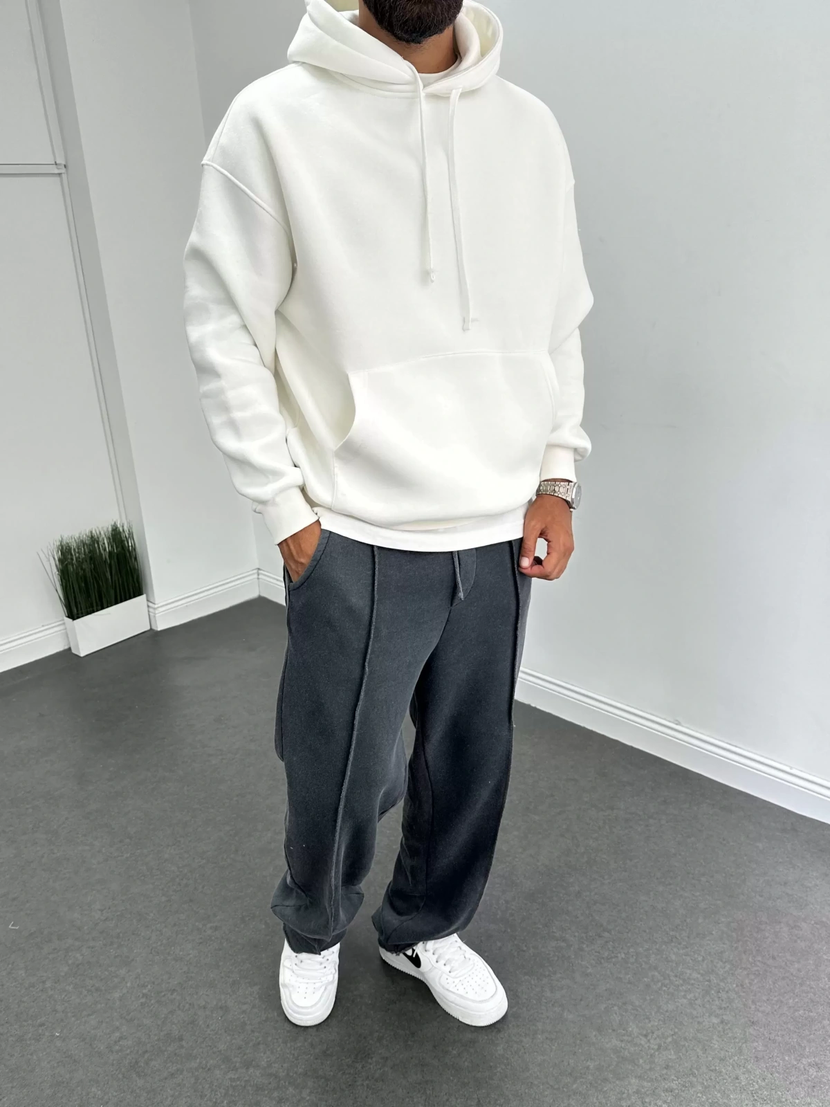 Beyaz Oversize Basic Kapişonlu Sweat