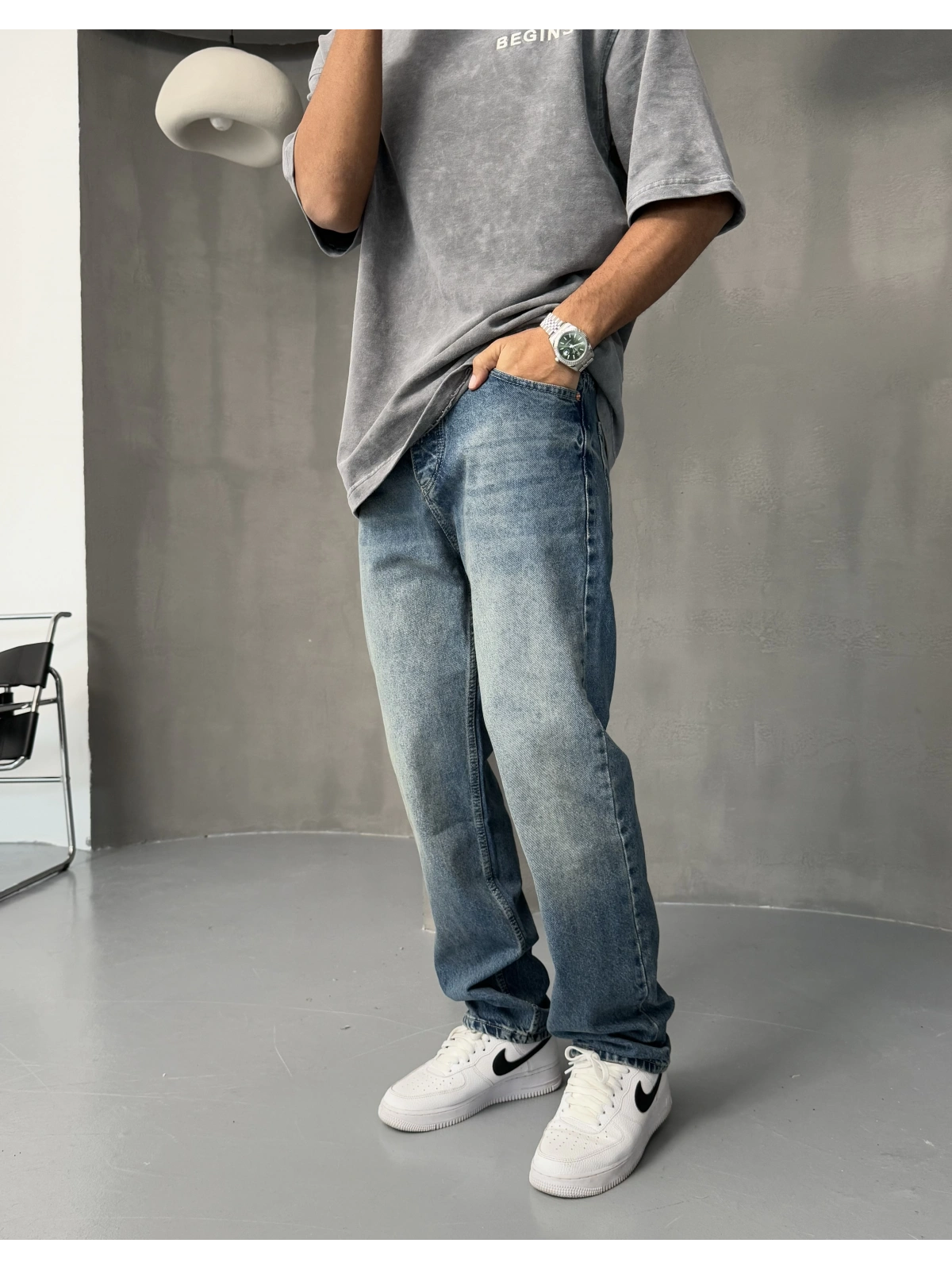 Mavi Taşlanmış Baggy Jean