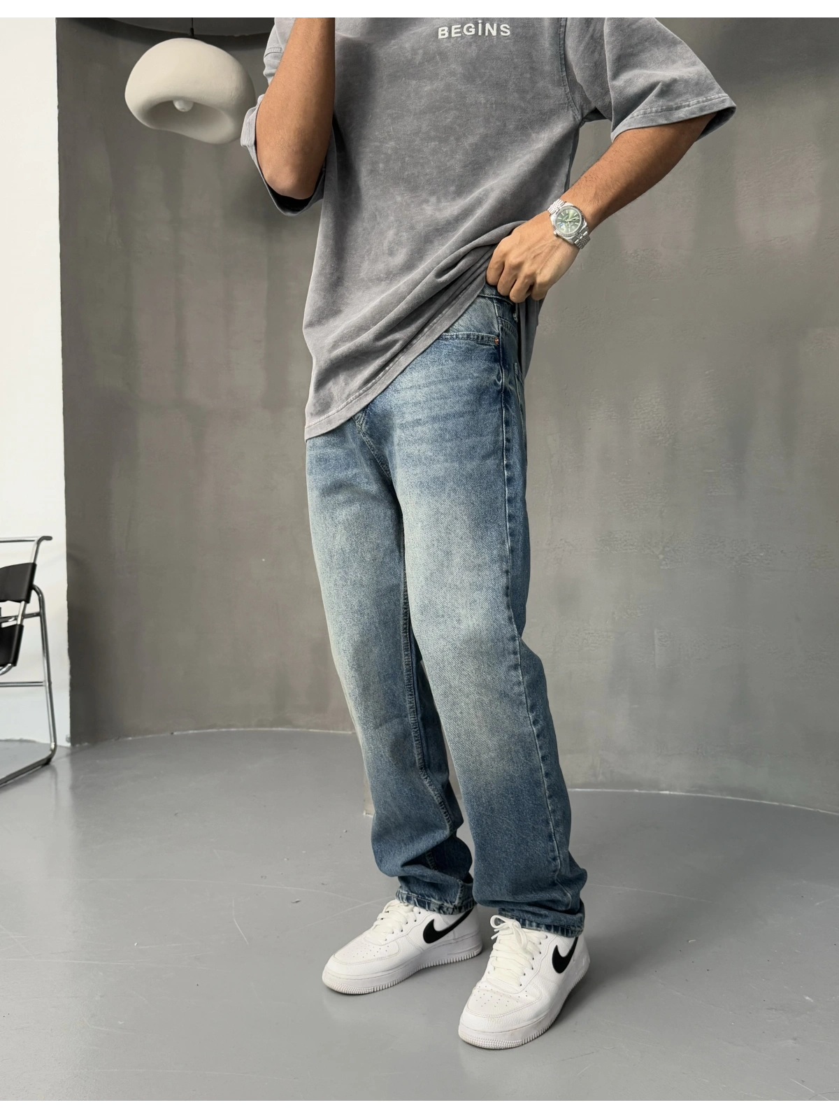 Mavi Taşlanmış Baggy Jean