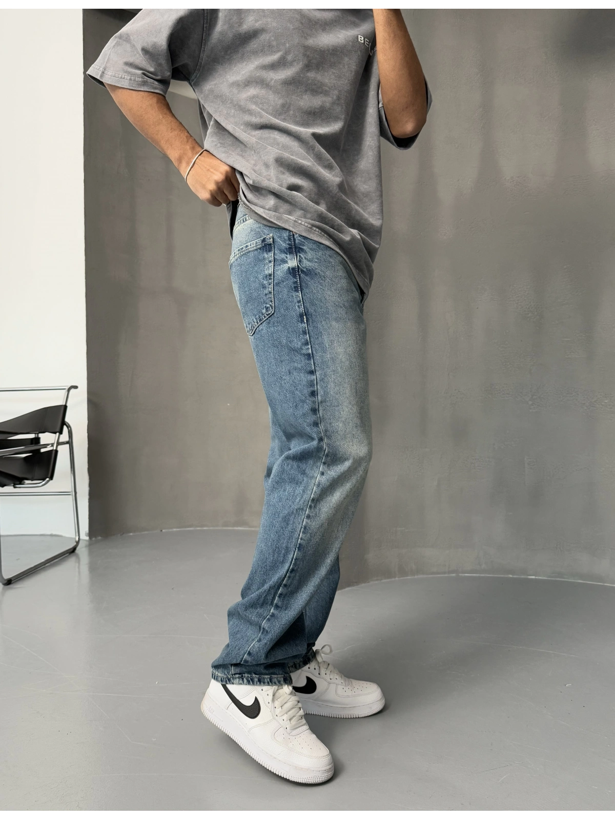 Mavi Taşlanmış Baggy Jean