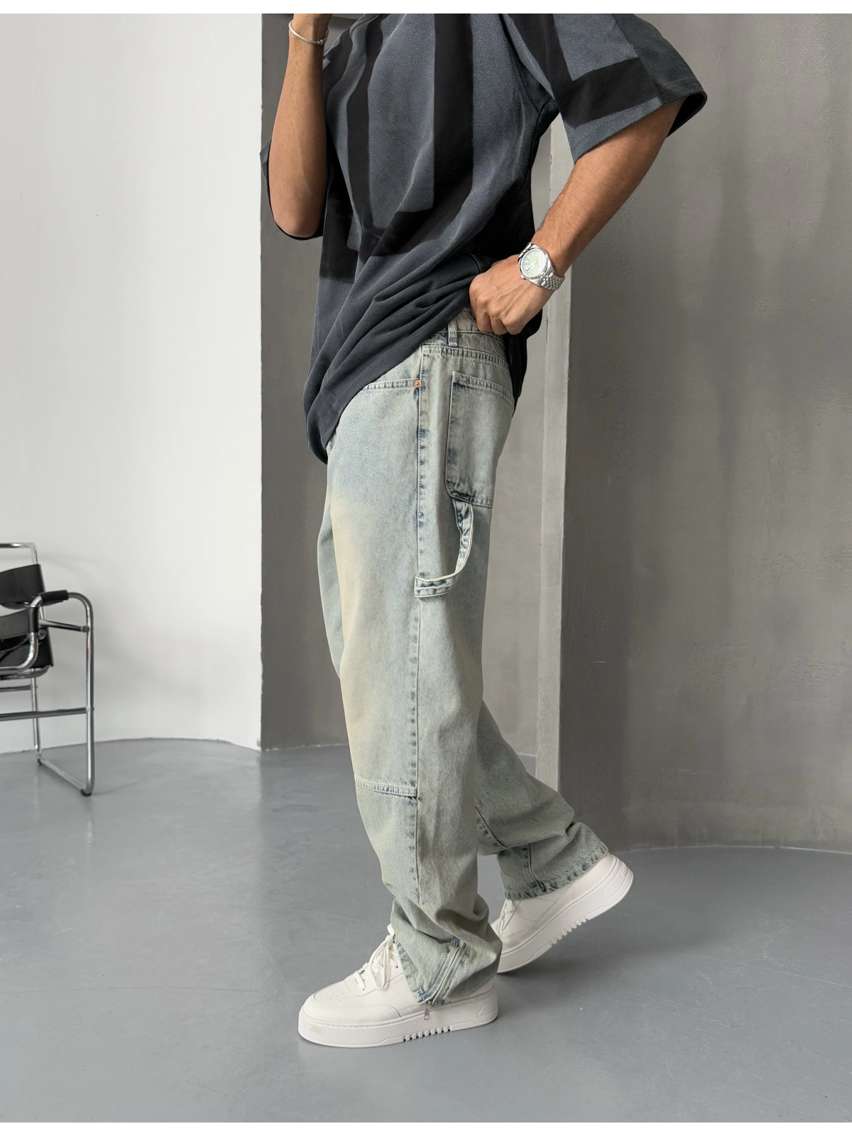 Eskitme Paça Fermuar Baggy Jean
