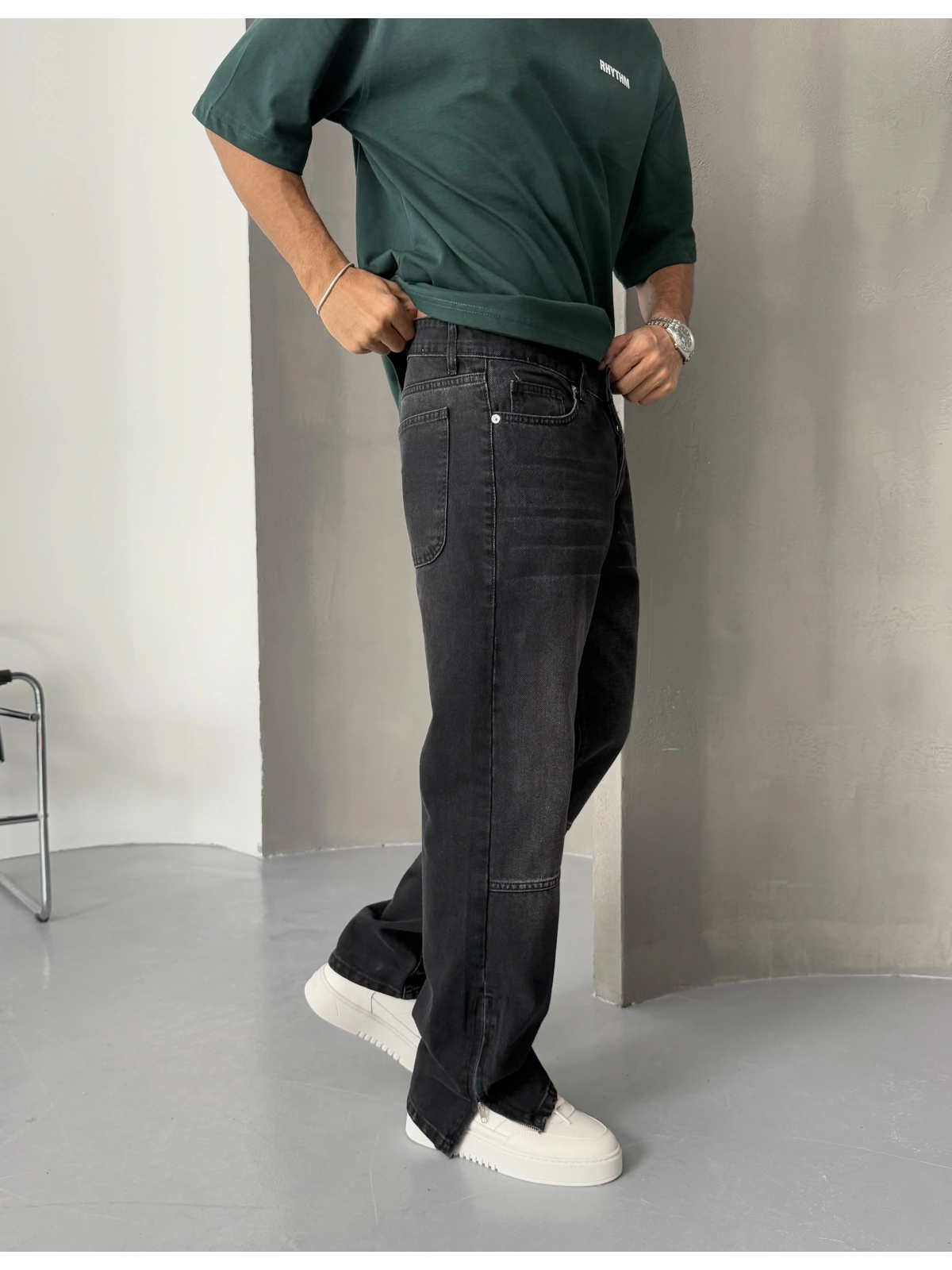 Antrasit Eskitme Paça Fermuar Baggy Jean