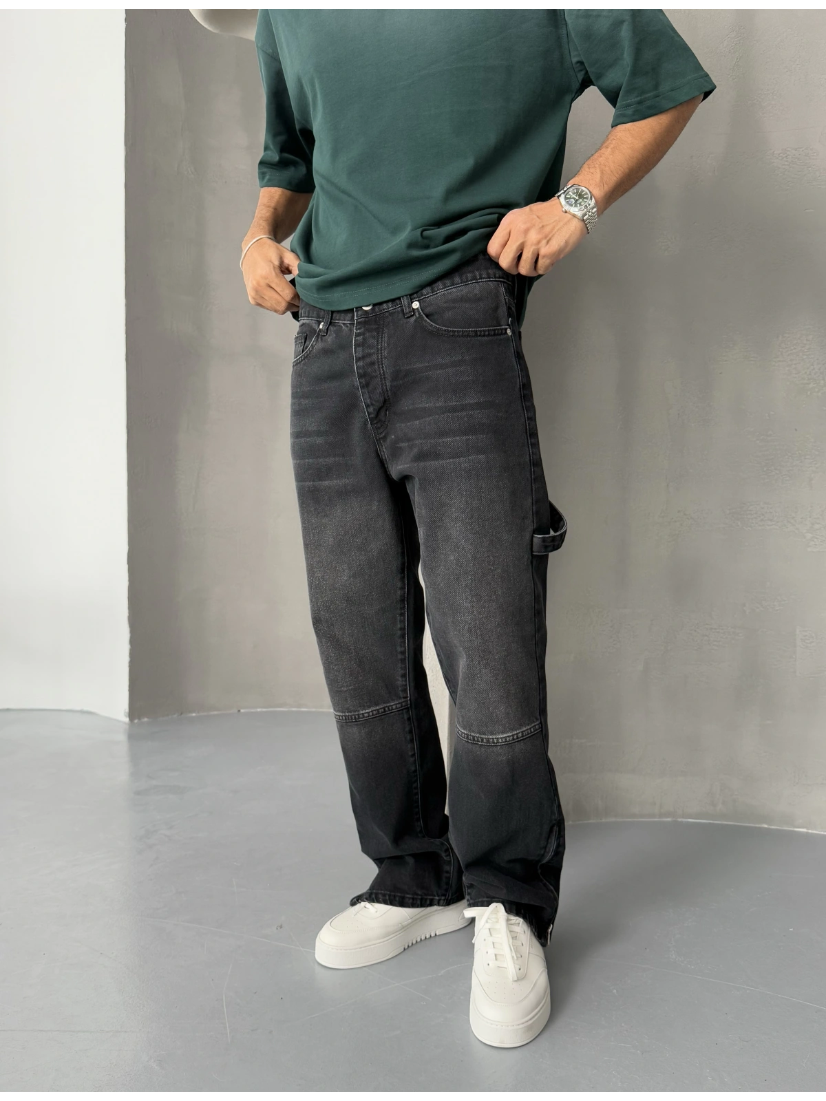 Antrasit Eskitme Paça Fermuar Baggy Jean