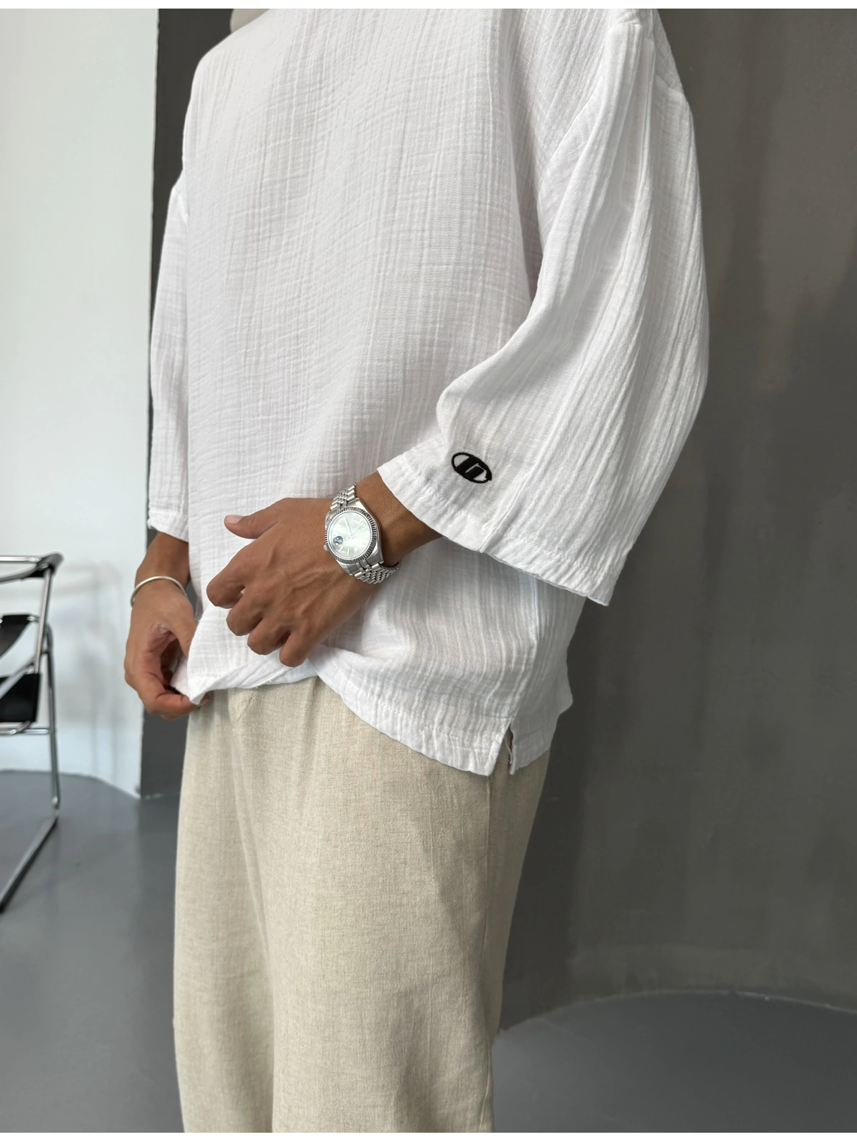 Beyaz Fakir Kol Müslin Kumaş T-Shirt