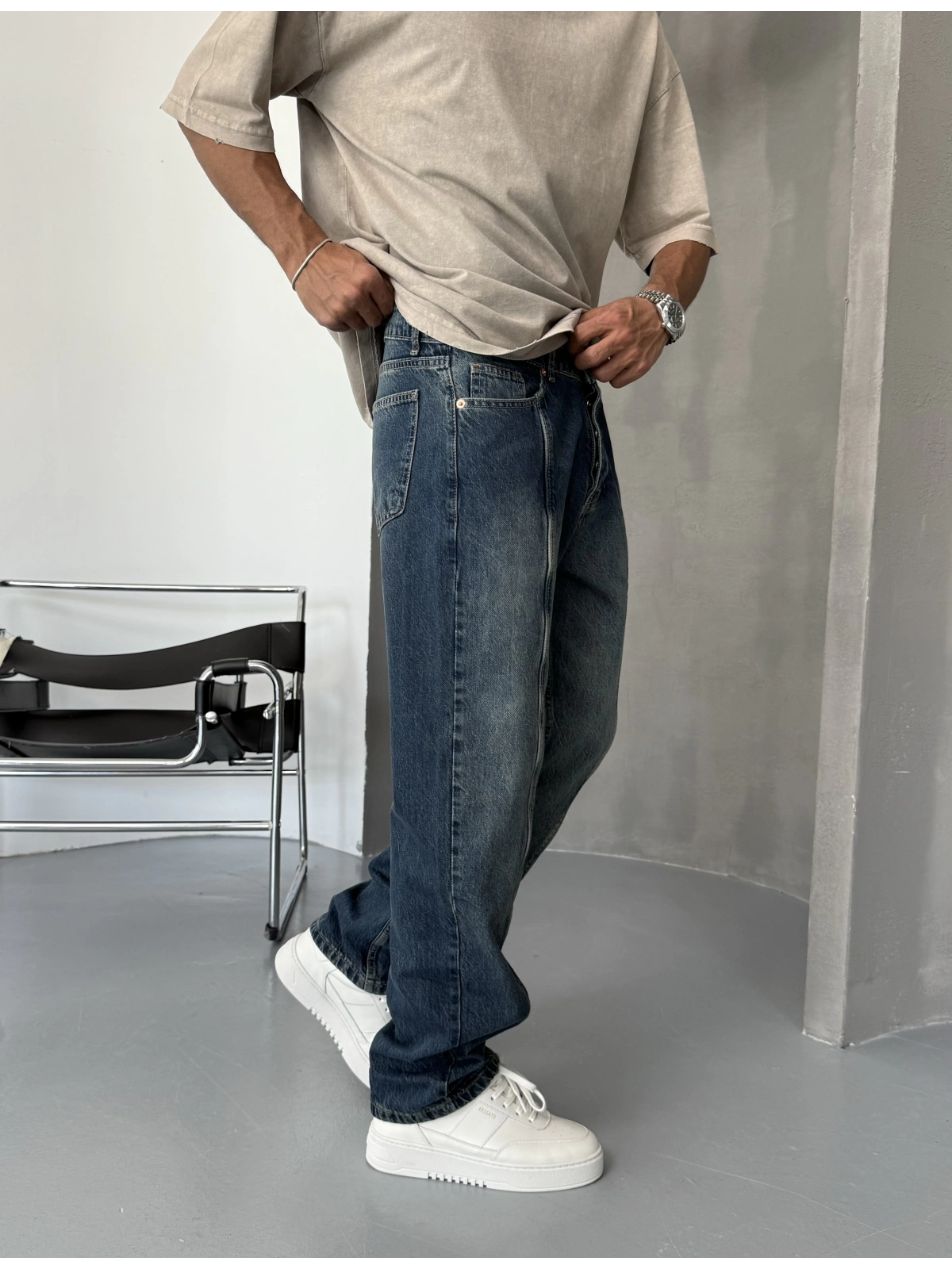 Mavi Yıkamalı Çizgi Detay Baggy Jean