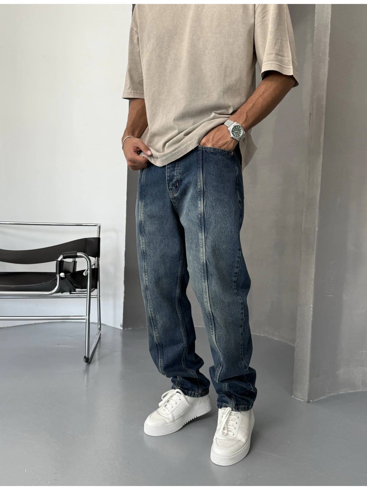 Mavi Yıkamalı Çizgi Detay Baggy Jean
