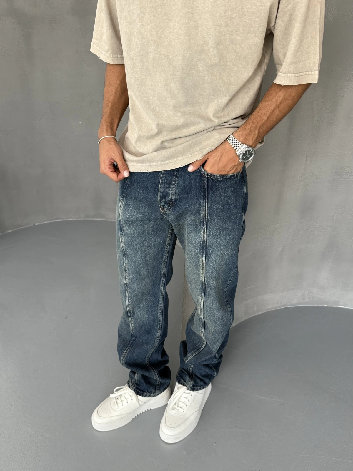 Mavi Yıkamalı Çizgi Detay Baggy Jean