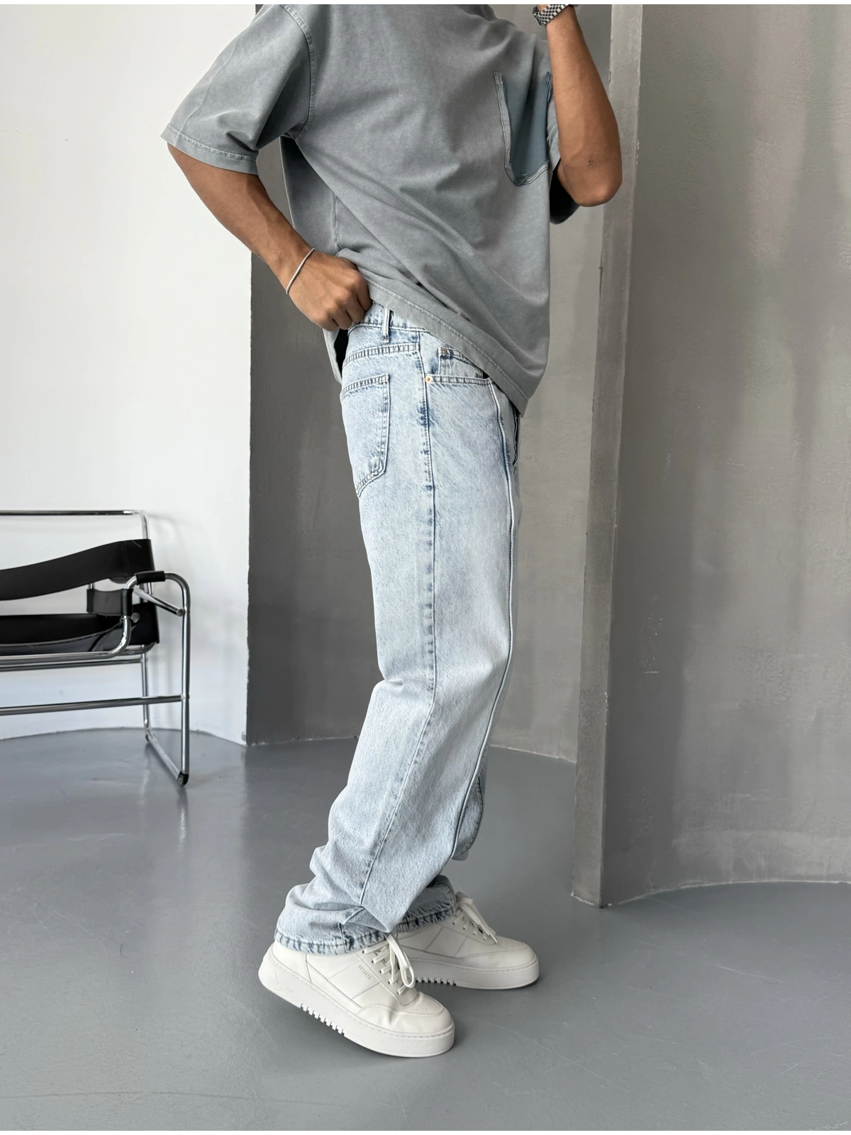Buz Mavi Yıkamalı Çizgi Detay Baggy Jean