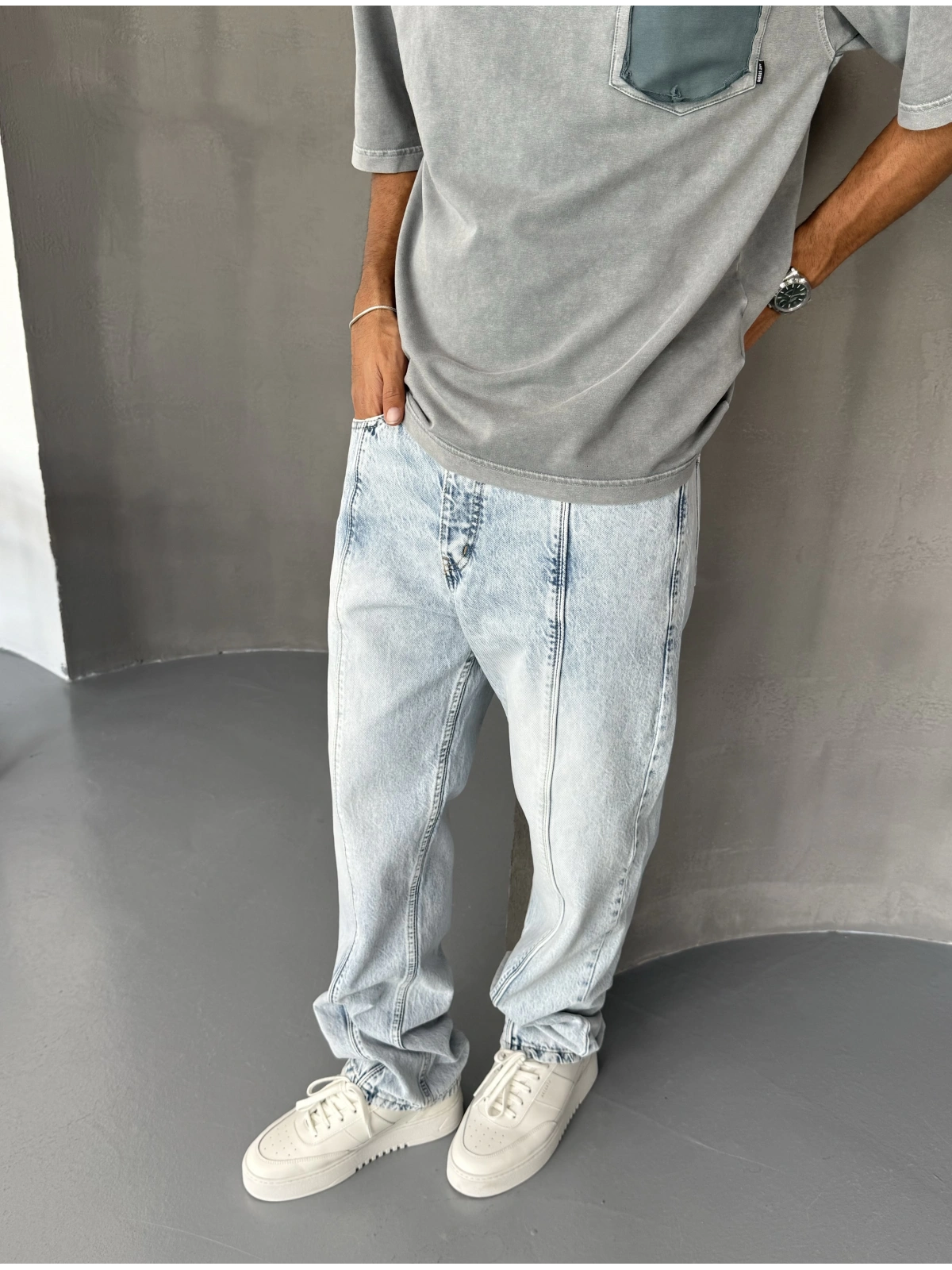 Buz Mavi Yıkamalı Çizgi Detay Baggy Jean
