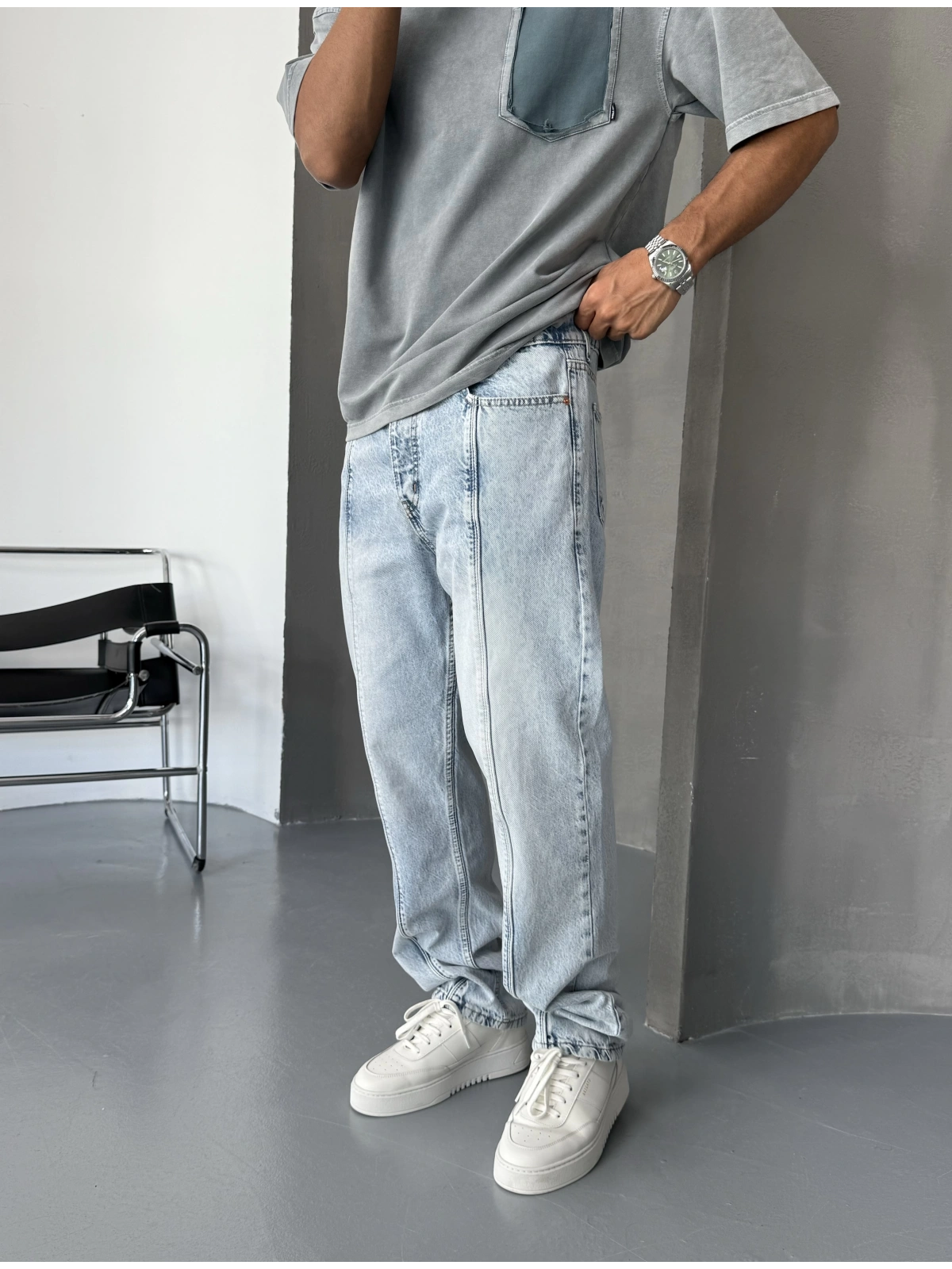 Buz Mavi Yıkamalı Çizgi Detay Baggy Jean