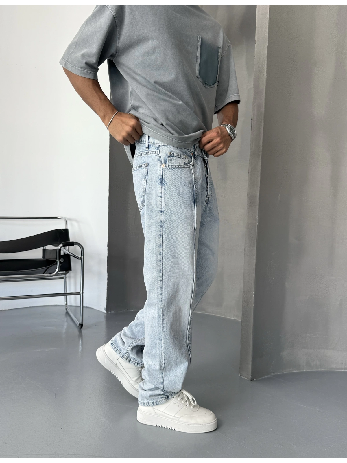 Buz Mavi Yıkamalı Çizgi Detay Baggy Jean