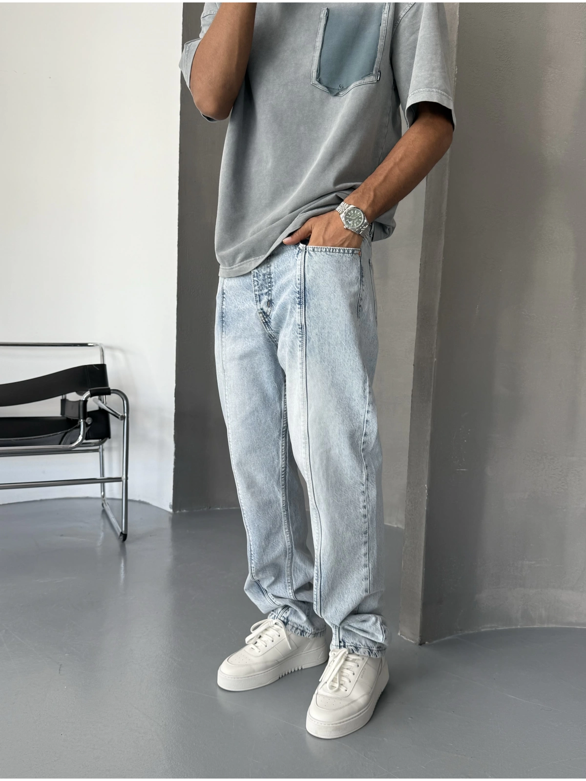 Buz Mavi Yıkamalı Çizgi Detay Baggy Jean
