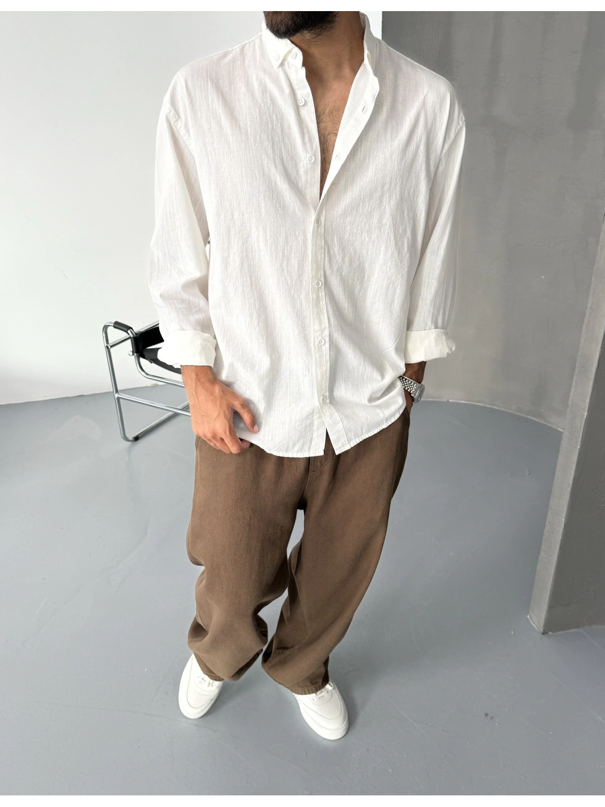 Beyaz Fresh Keten Oversize Gömlek