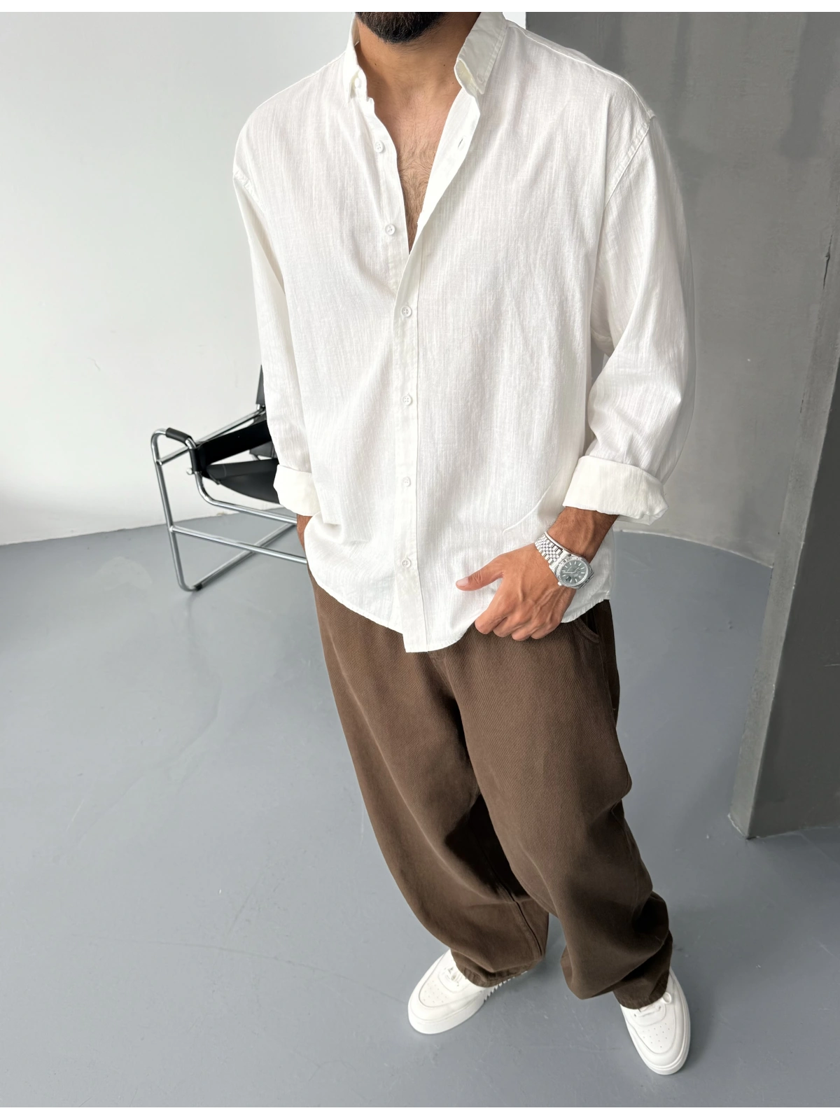 Beyaz Fresh Keten Oversize Gömlek