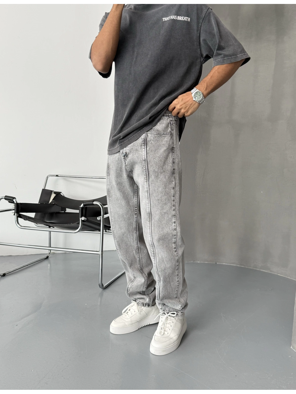 Gri Çizgi Detay Baggy Jean