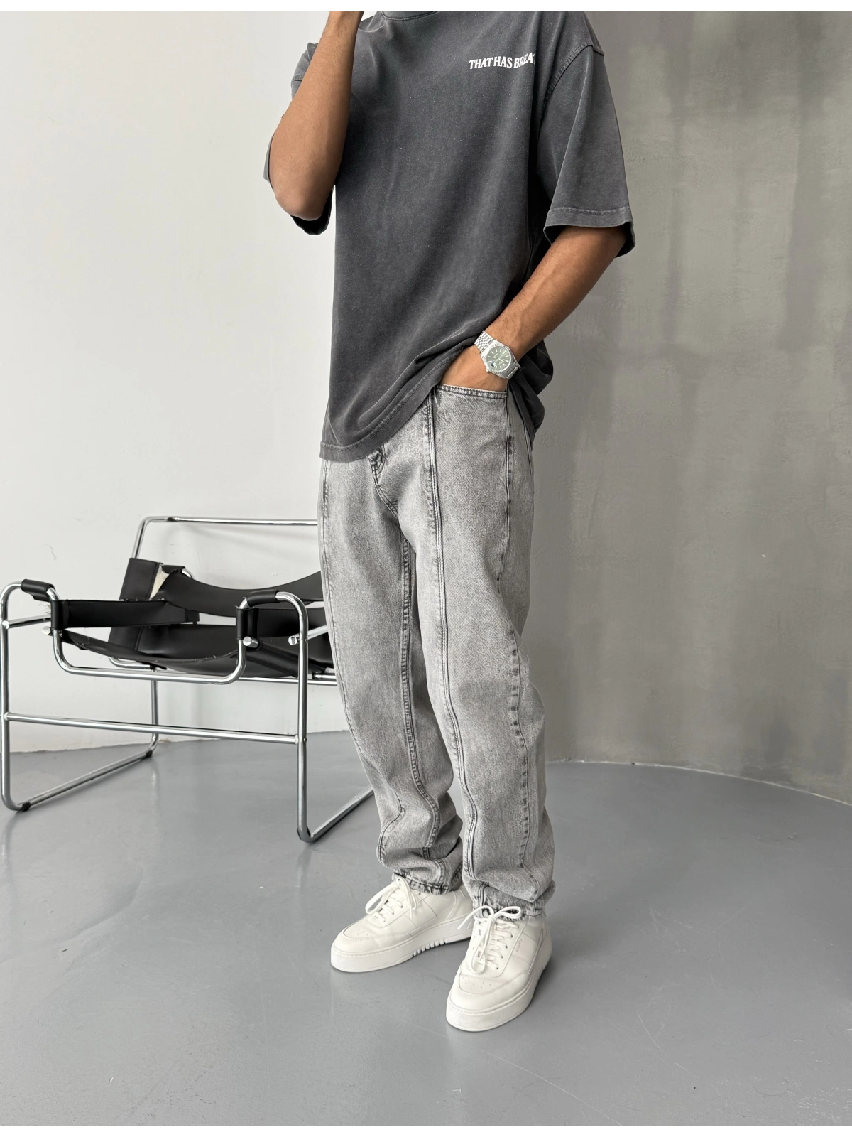 Gri Çizgi Detay Baggy Jean