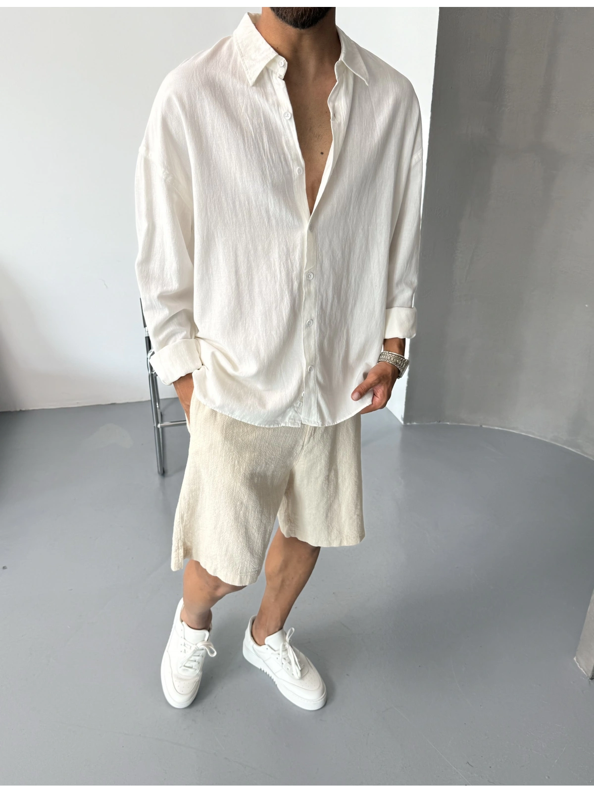 Beyaz Keten Pamuk Oversize Gömlek