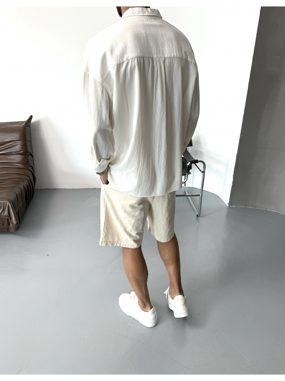 Beyaz Keten Pamuk Oversize Gömlek