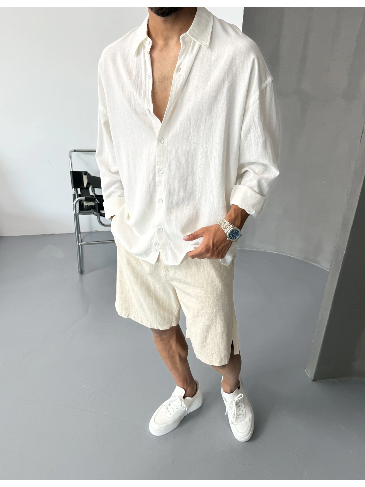 Beyaz Keten Pamuk Oversize Gömlek
