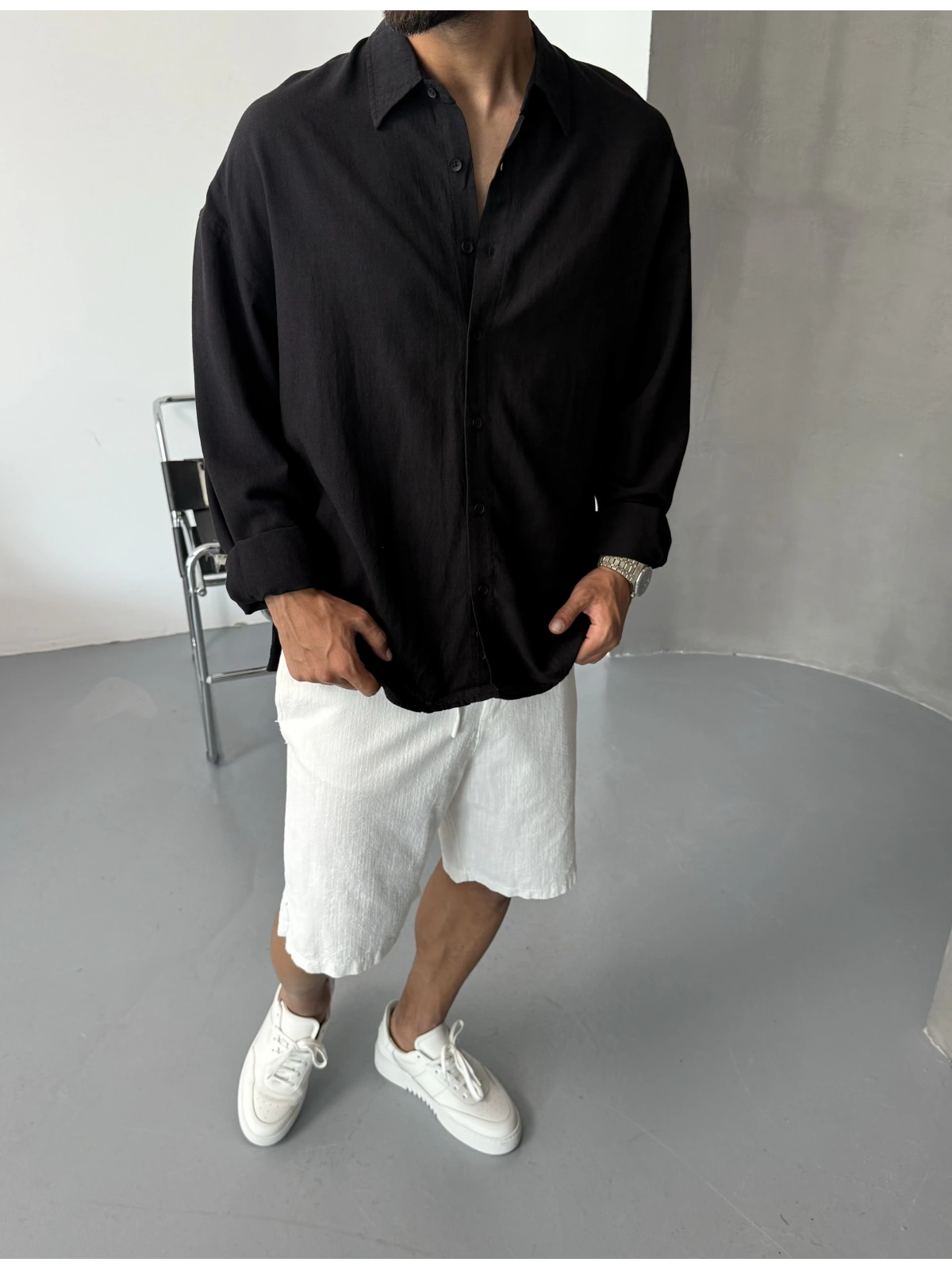 Siyah Pamuk Keten Oversize Gömlek