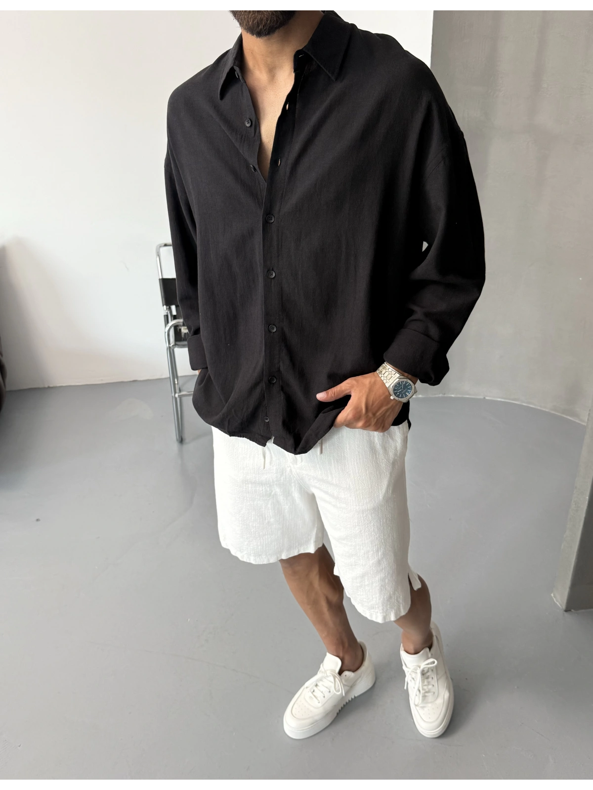 Siyah Pamuk Keten Oversize Gömlek