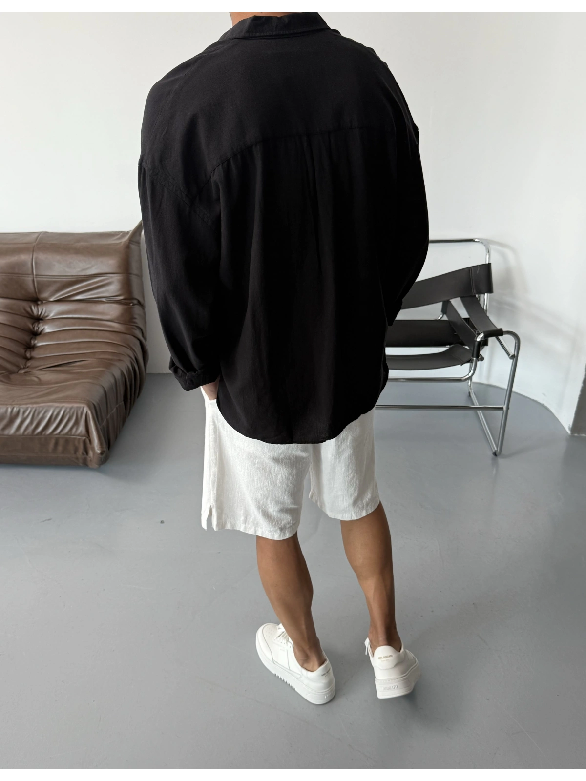 Siyah Pamuk Keten Oversize Gömlek