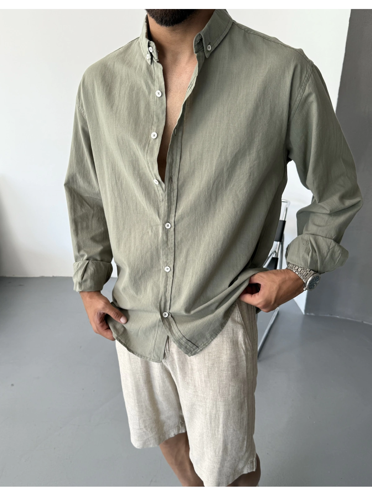 Yeşil Fresh Keten Oversize Gömlek