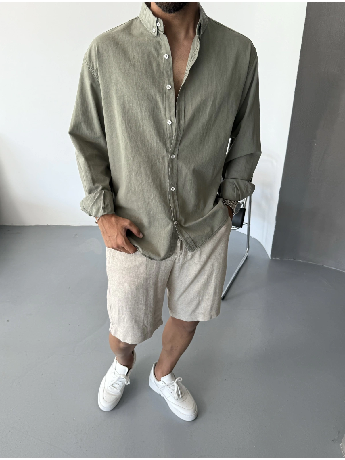 Yeşil Fresh Keten Oversize Gömlek