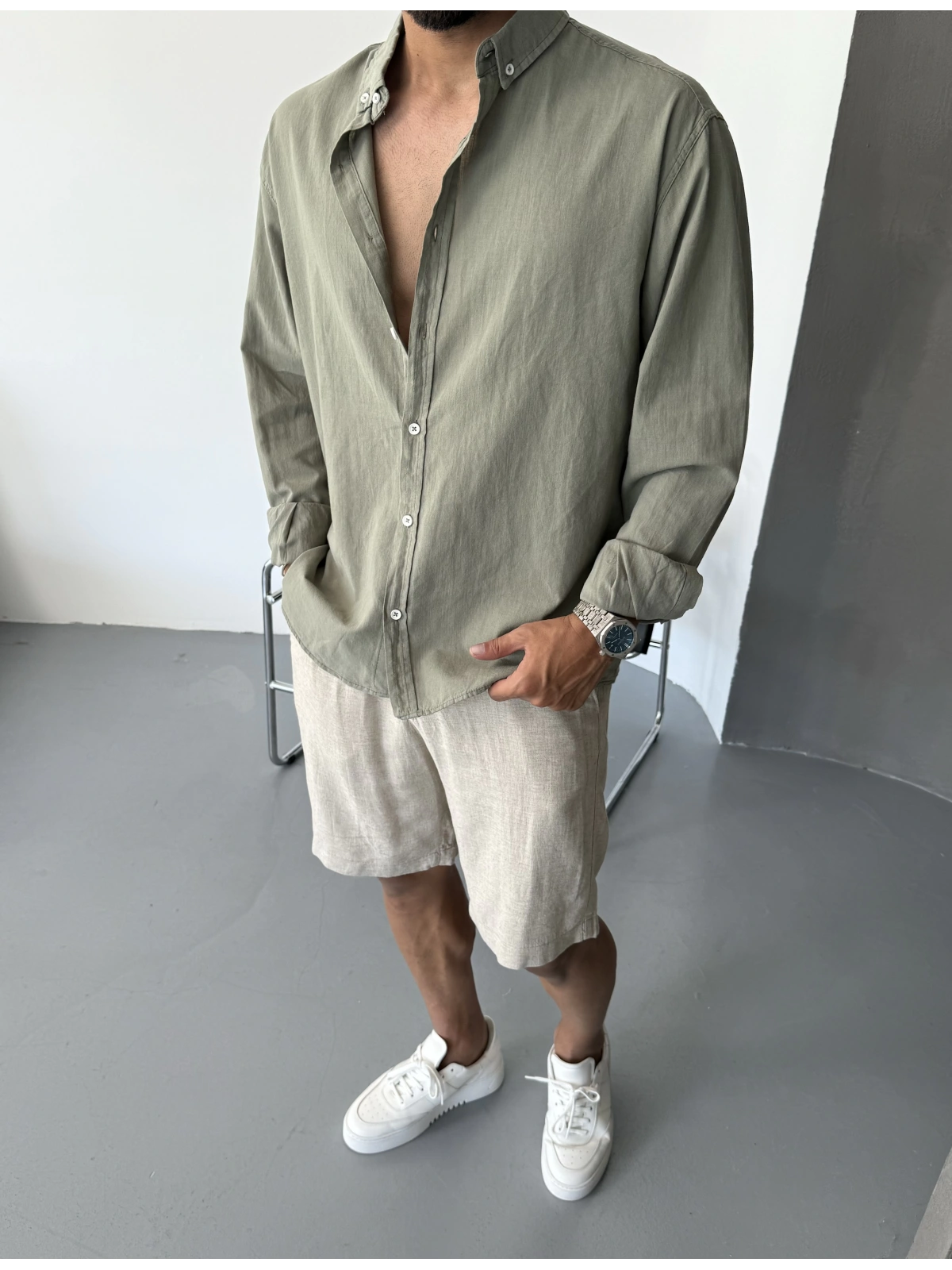 Yeşil Fresh Keten Oversize Gömlek