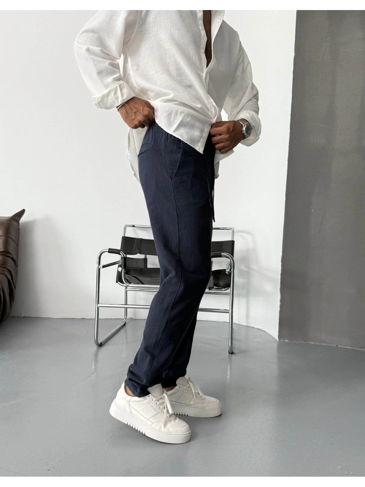 Lacivert Premium Keten Kumaş Boyfriend
