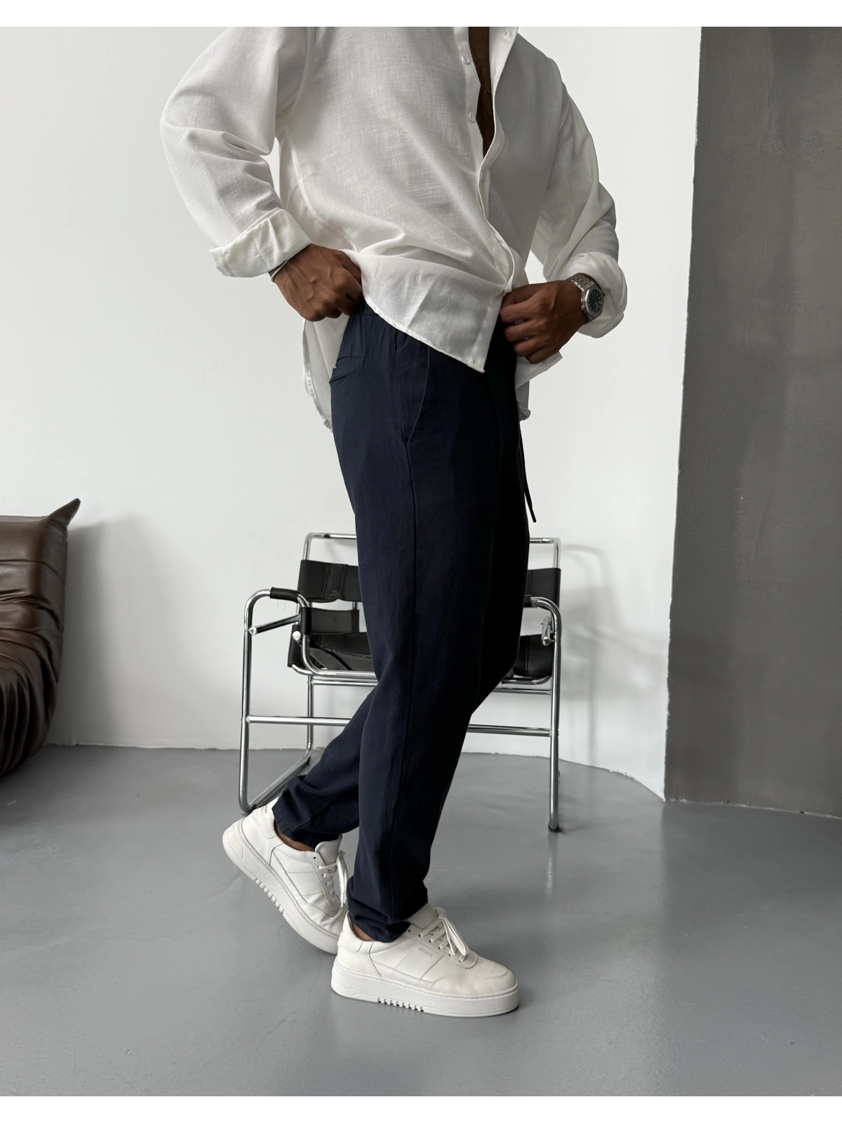 Lacivert Premium Keten Kumaş Boyfriend