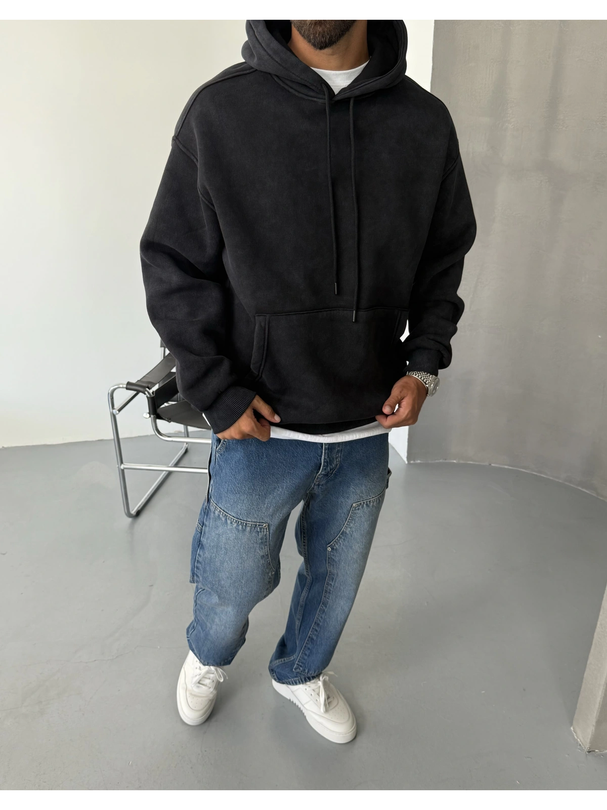 Siyah Yıkamalı Oversize Kapişonlu Sweat