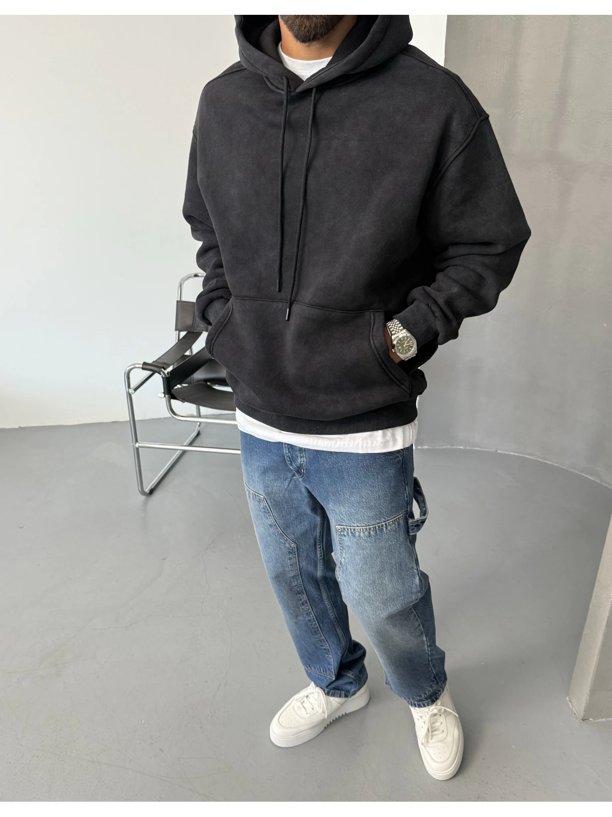 Siyah Yıkamalı Oversize Kapişonlu Sweat