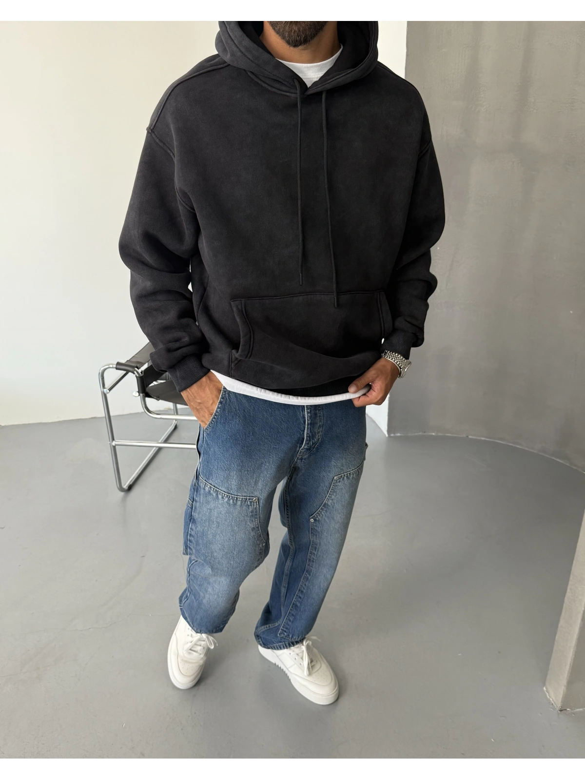 Siyah Yıkamalı Oversize Kapişonlu Sweat