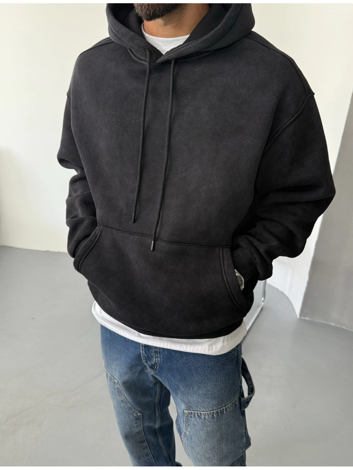 Siyah Yıkamalı Oversize Kapişonlu Sweat
