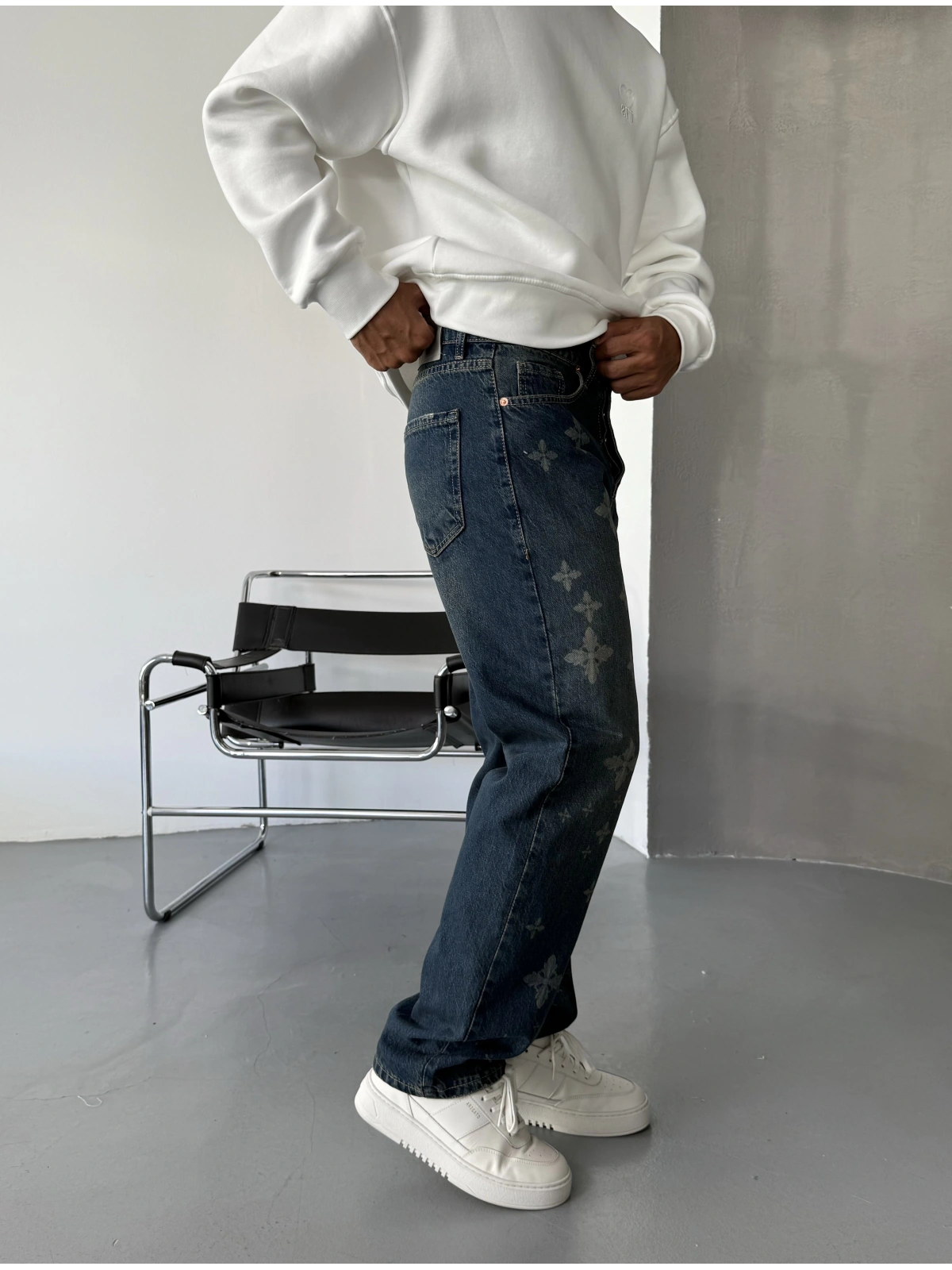 Mavi Eskitme Denim Baskılı Baggy