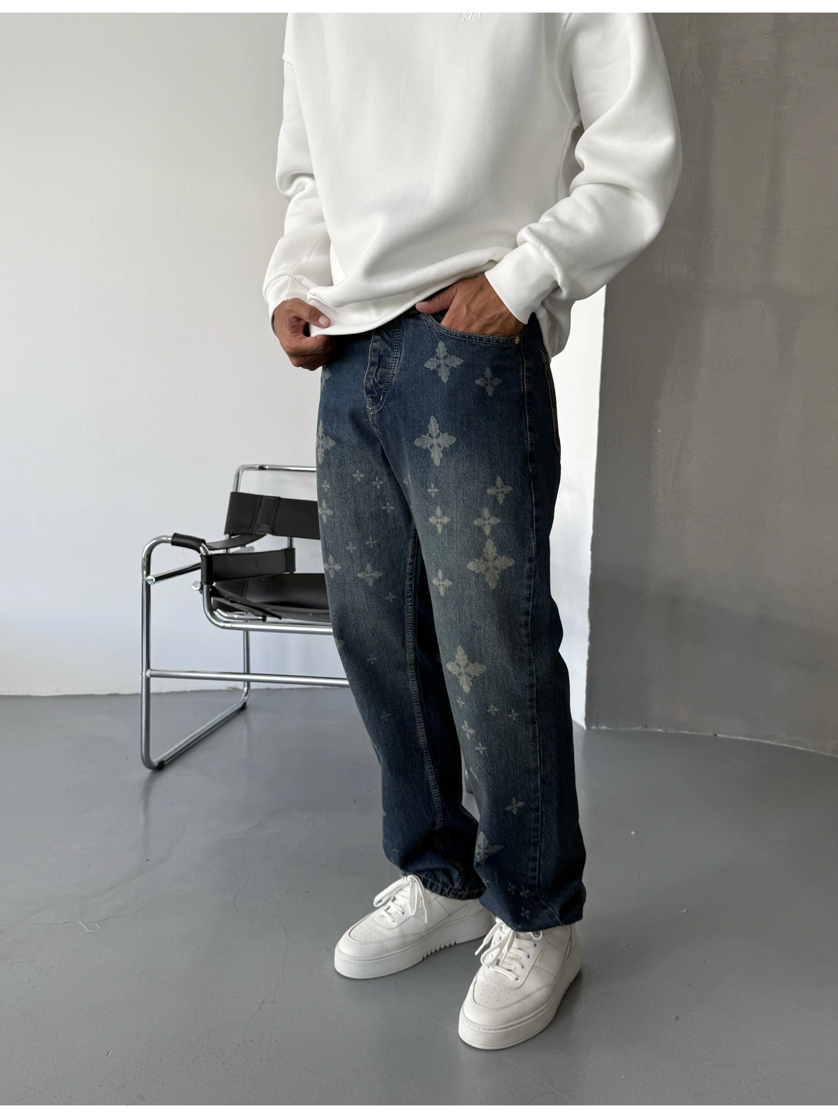 Mavi Eskitme Denim Baskılı Baggy