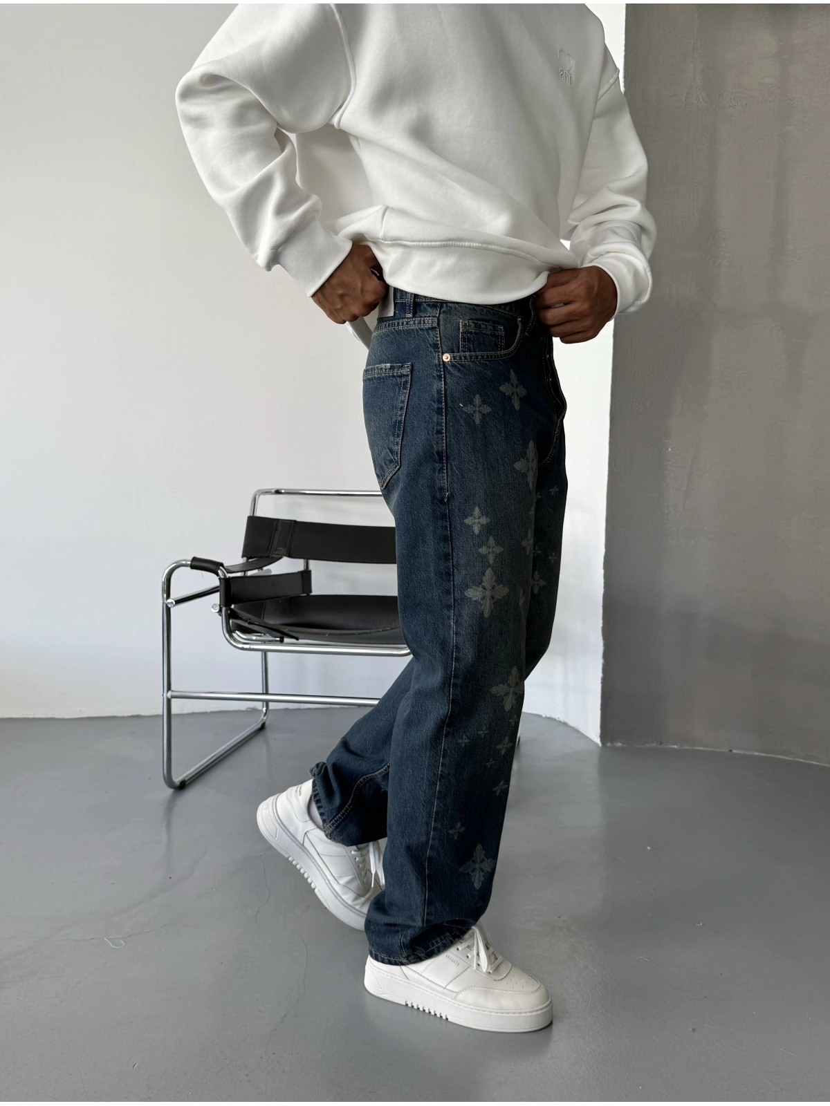 Mavi Eskitme Denim Baskılı Baggy