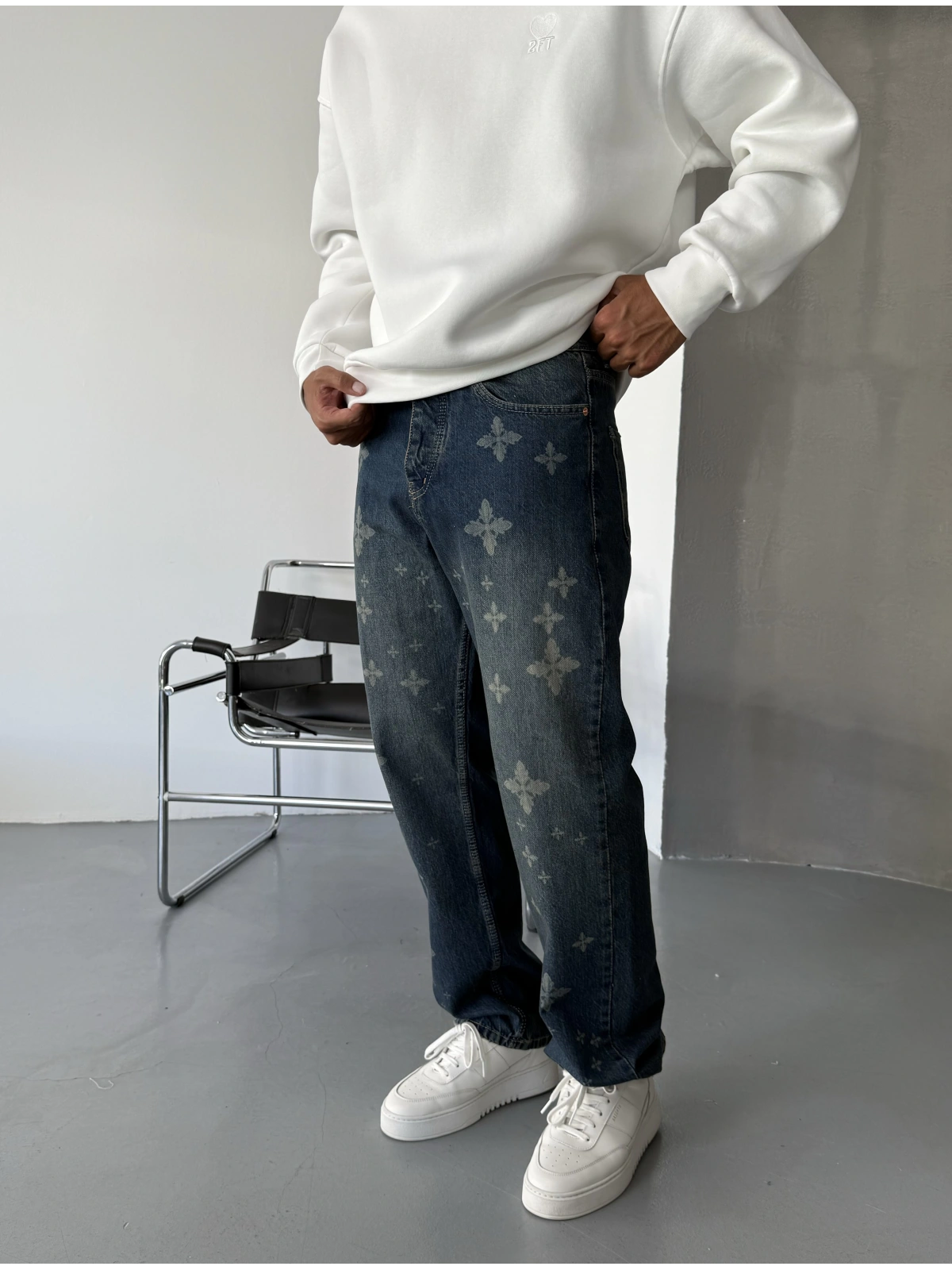 Mavi Eskitme Denim Baskılı Baggy