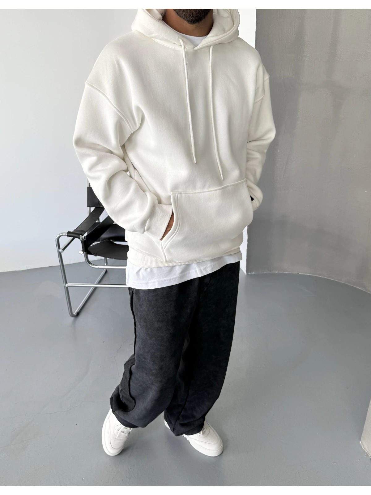 Beyaz Premium Oversize Basic Kapişonlu Sweatshirt