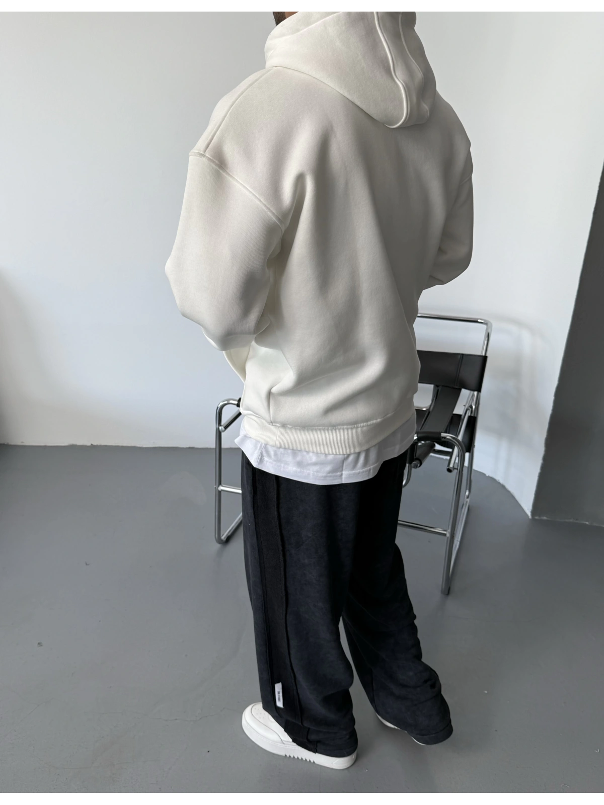 Beyaz Premium Oversize Basic Kapişonlu Sweatshirt
