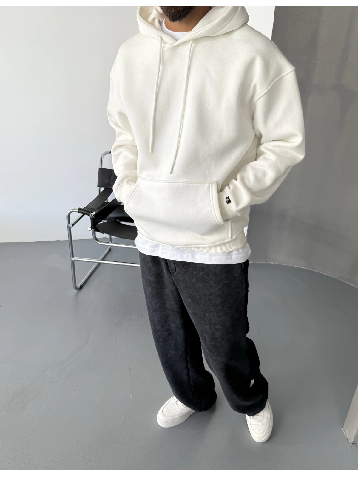 Beyaz Premium Oversize Basic Kapişonlu Sweatshirt