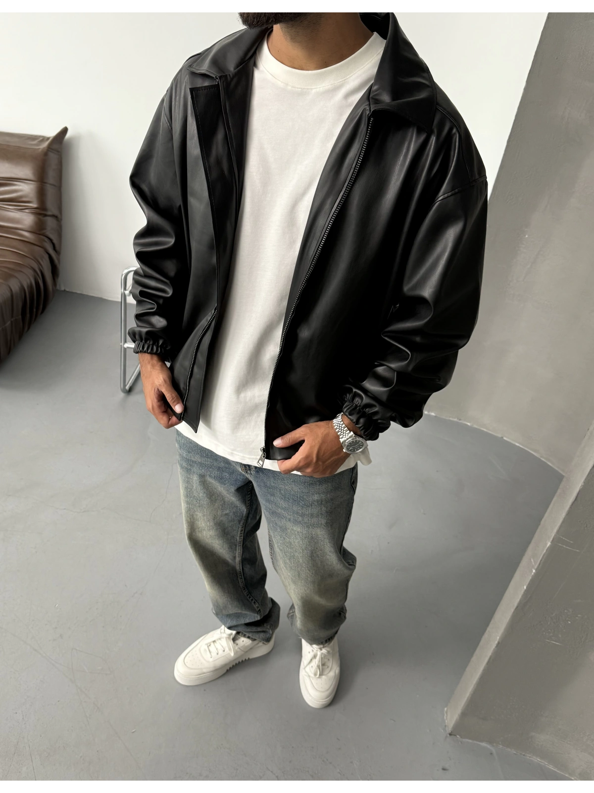 Siyah Deri Tasarım Oversize Ceket