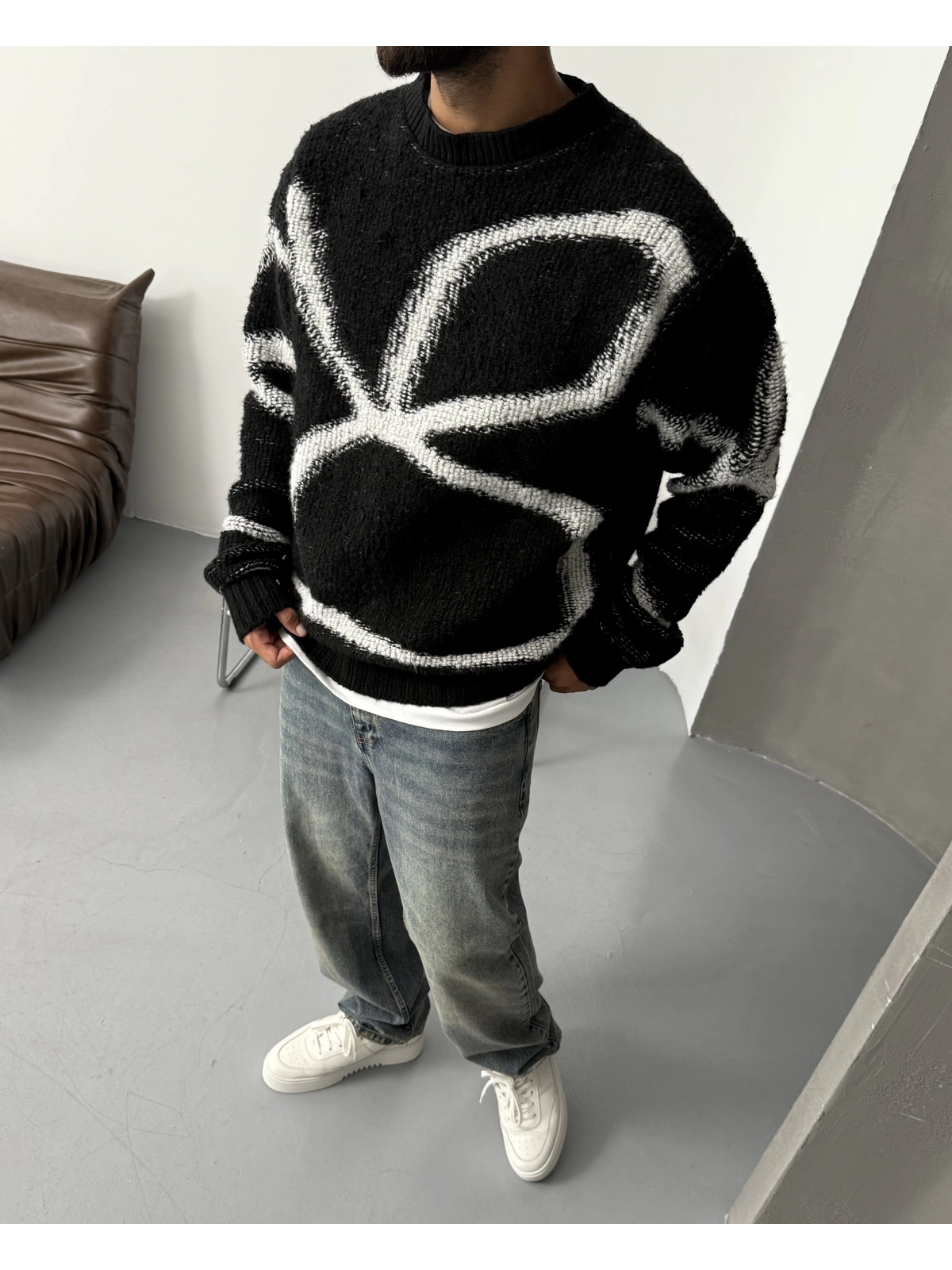 Siyah Desenli Oversize Kazak