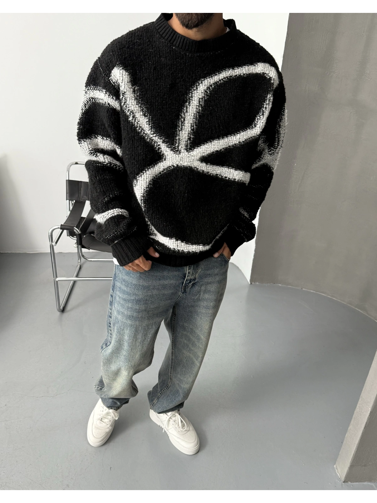 Siyah Desenli Oversize Kazak