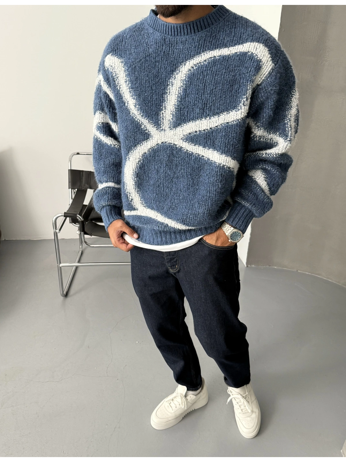 Mavi Desenli Oversize Kazak