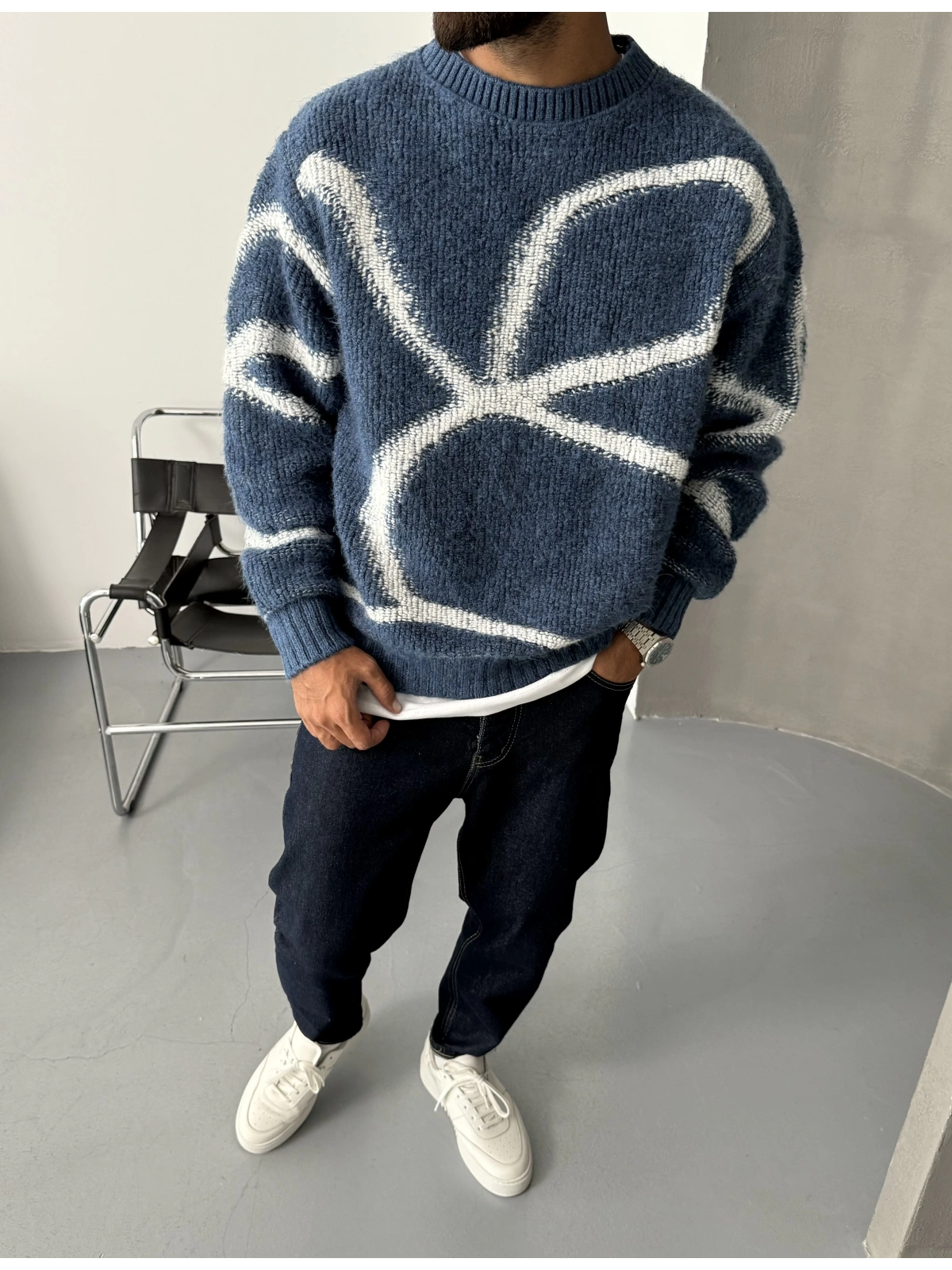 Mavi Desenli Oversize Kazak