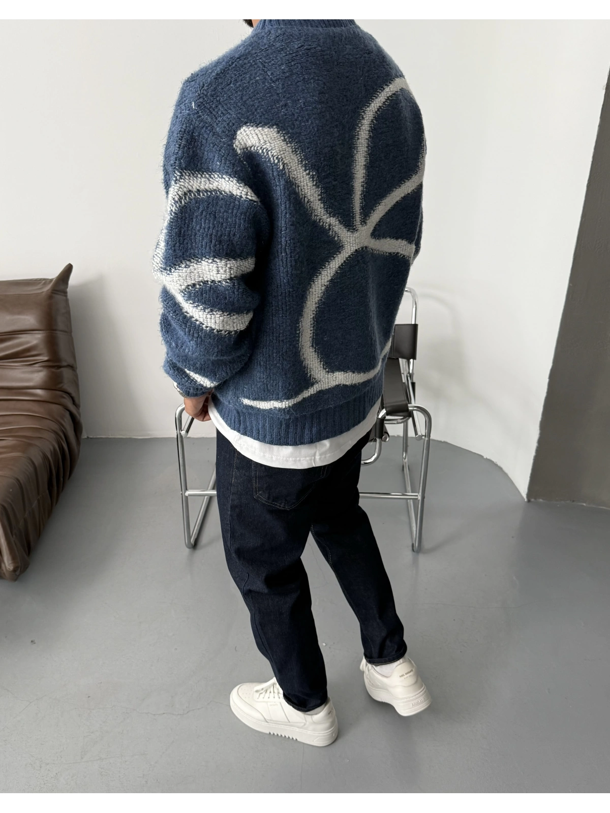 Mavi Desenli Oversize Kazak