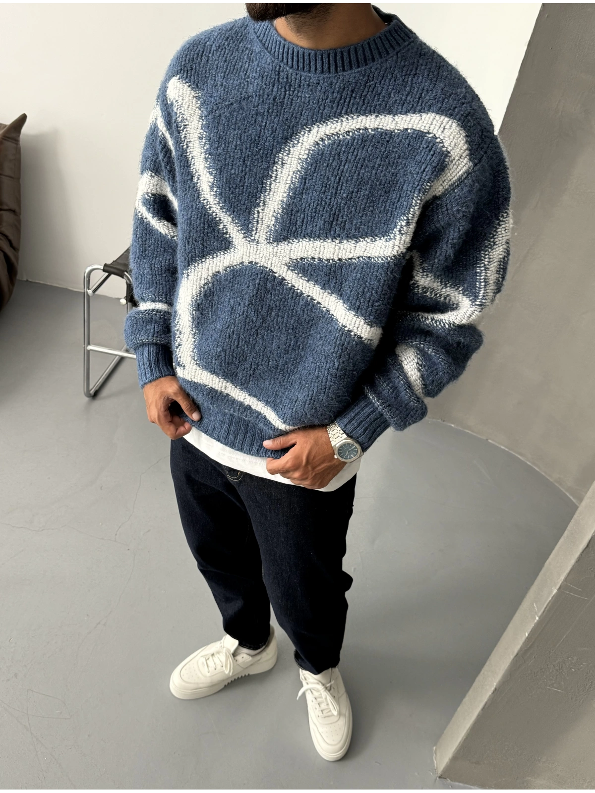 Mavi Desenli Oversize Kazak